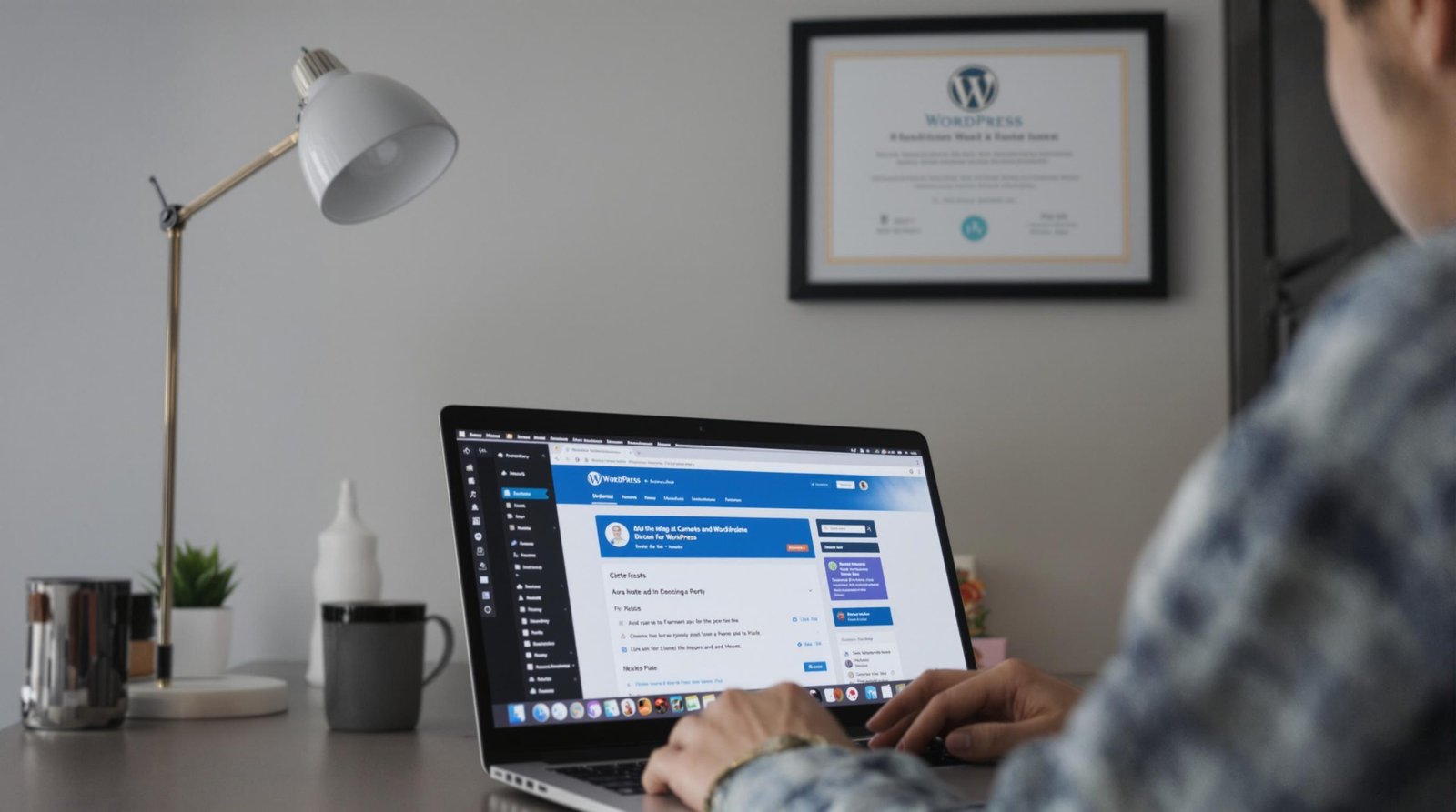 Professionnel utilisant WordPress avec un certificat en arrière-plan