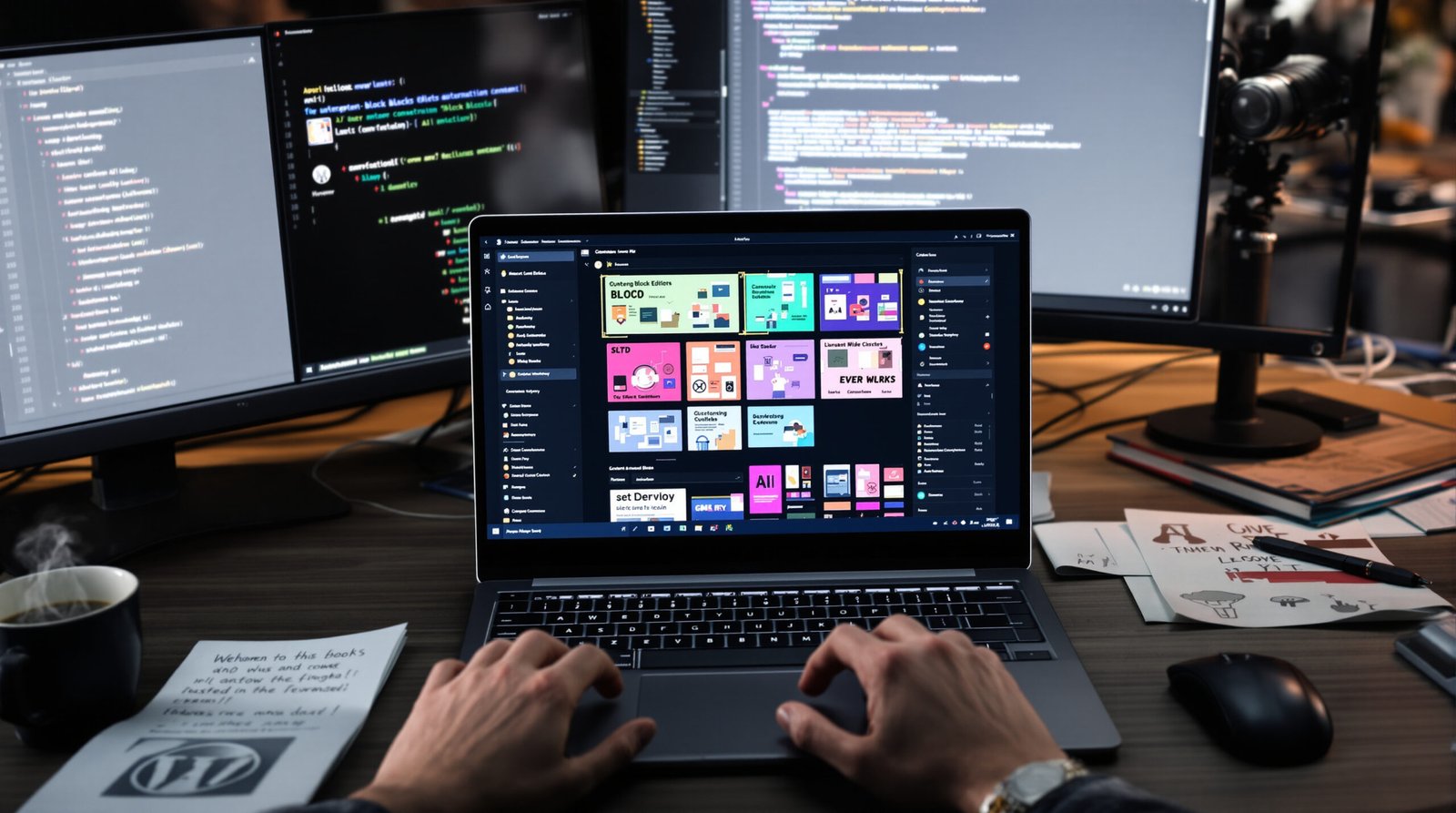 Un développeur travaille sur son ordinateur portable affichant l'éditeur Gutenberg WordPress avec des blocs générés automatiquement par intelligence artificielle.